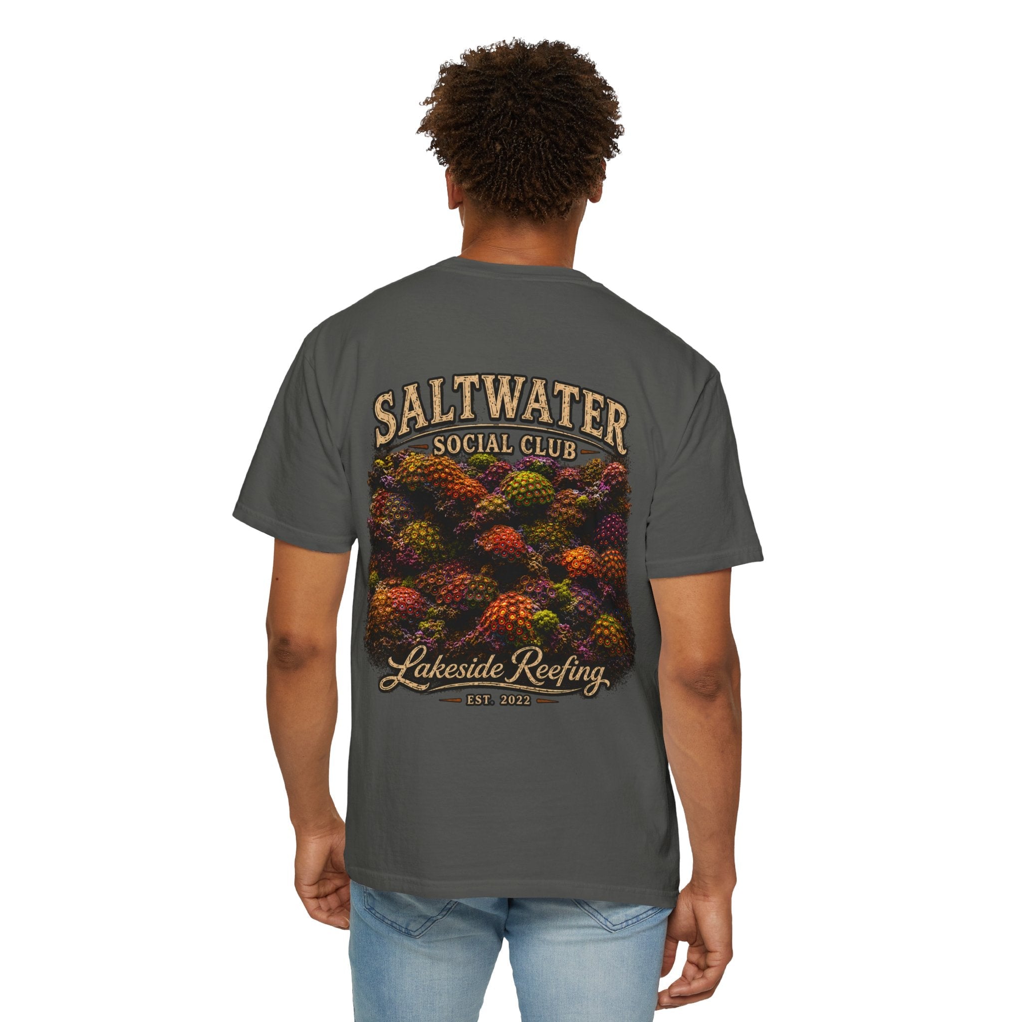 Reef Social Club reef aquarium t-shirt with vintage zoanthid garden artwork — Lakeside Reefing