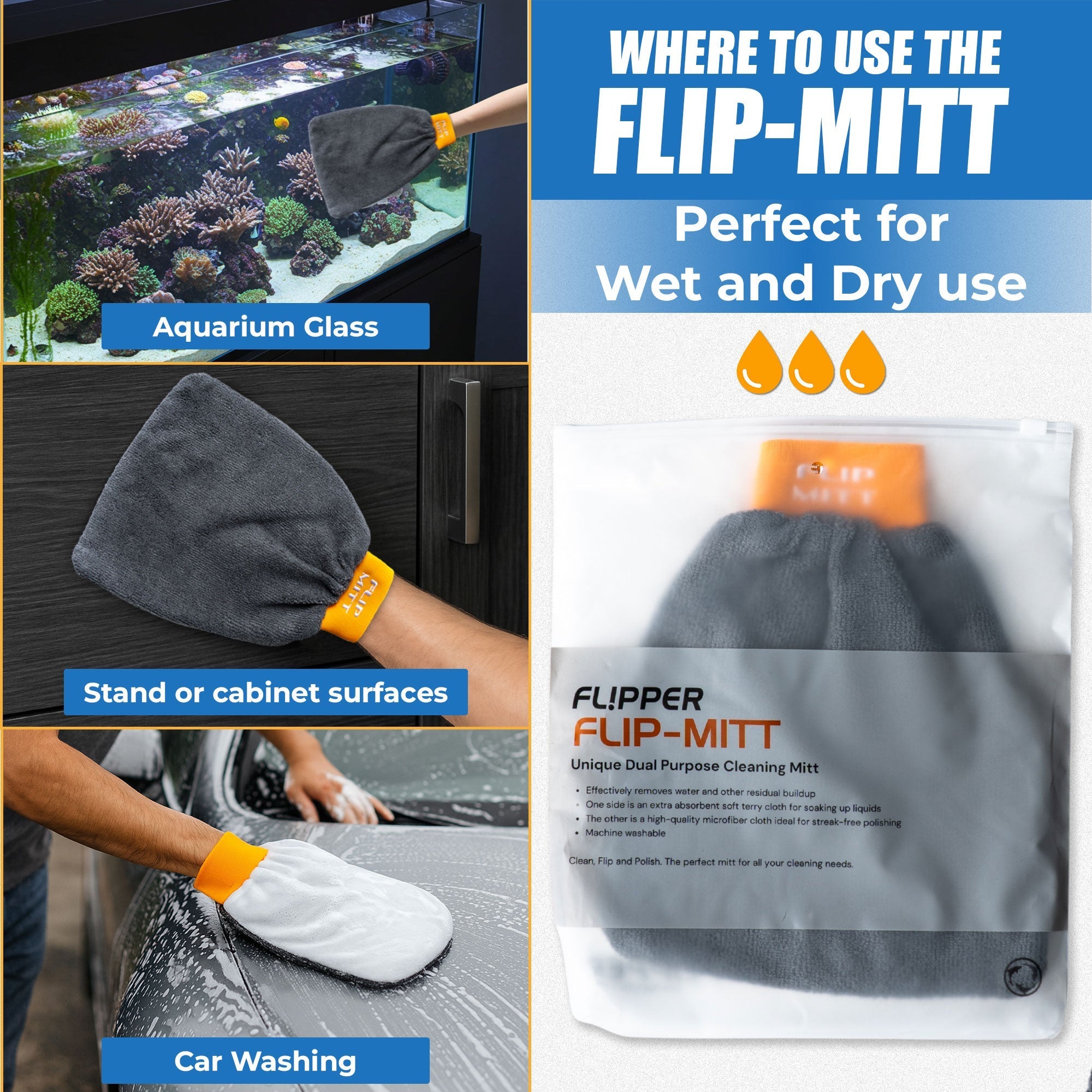 Flipper Aquarium Products Flipper 2-in-1 Microfiber Aquarium Cleaning Mitt 1 Pack Flipper Accessories