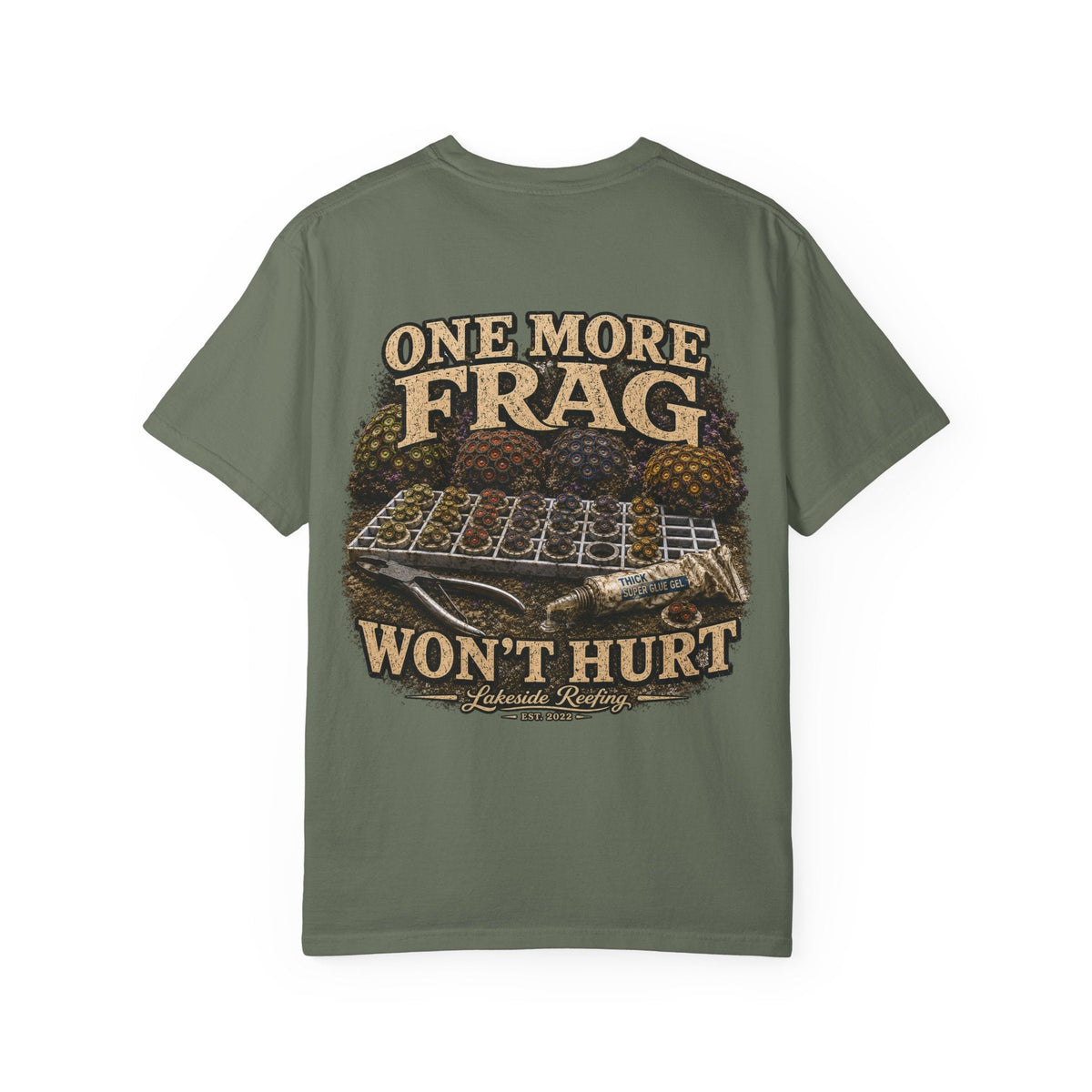 One More Frag Won't Hurt reef aquarium t-shirt with vintage coral artwork — Lakeside Reefing