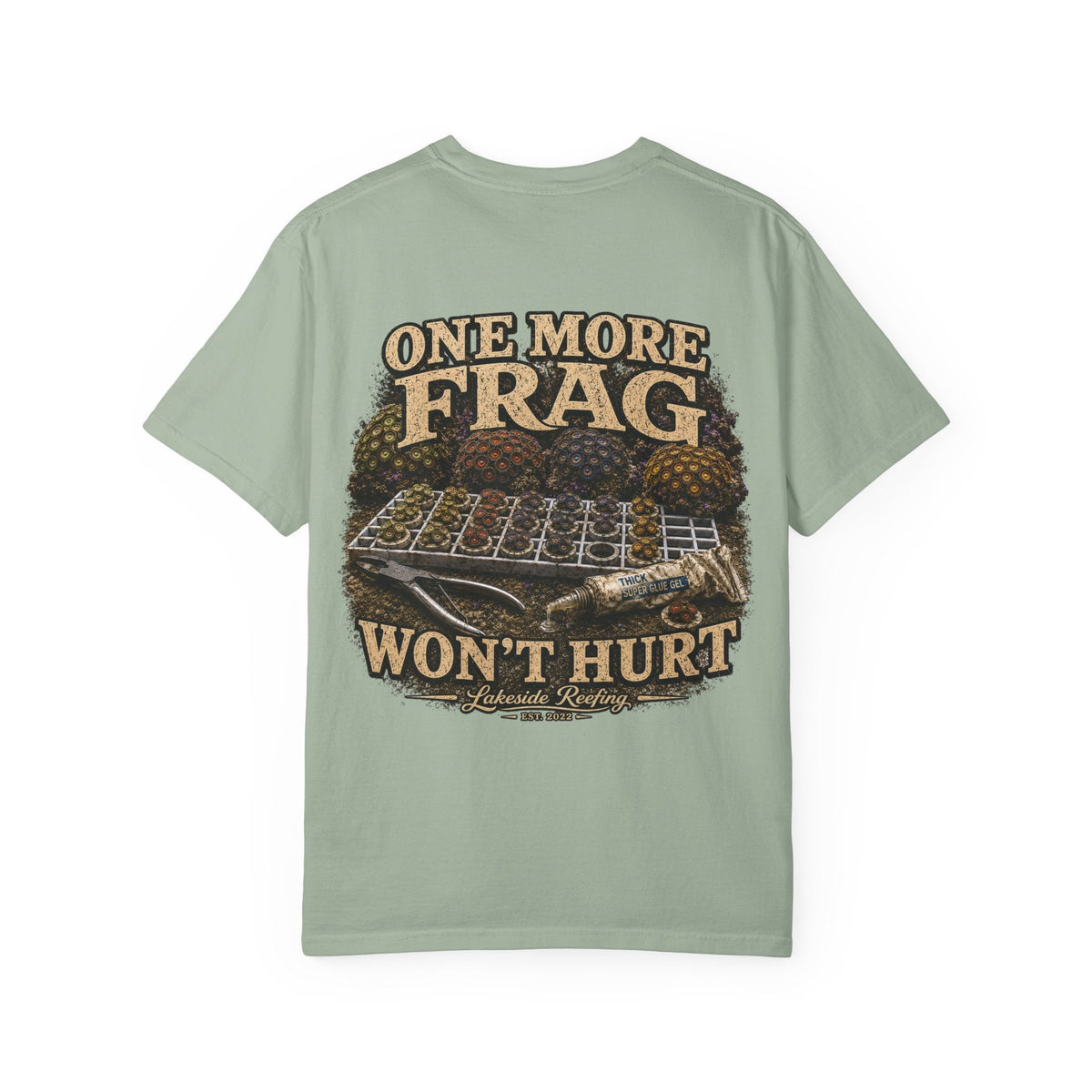 One More Frag Won't Hurt reef aquarium t-shirt with vintage coral artwork — Lakeside Reefing