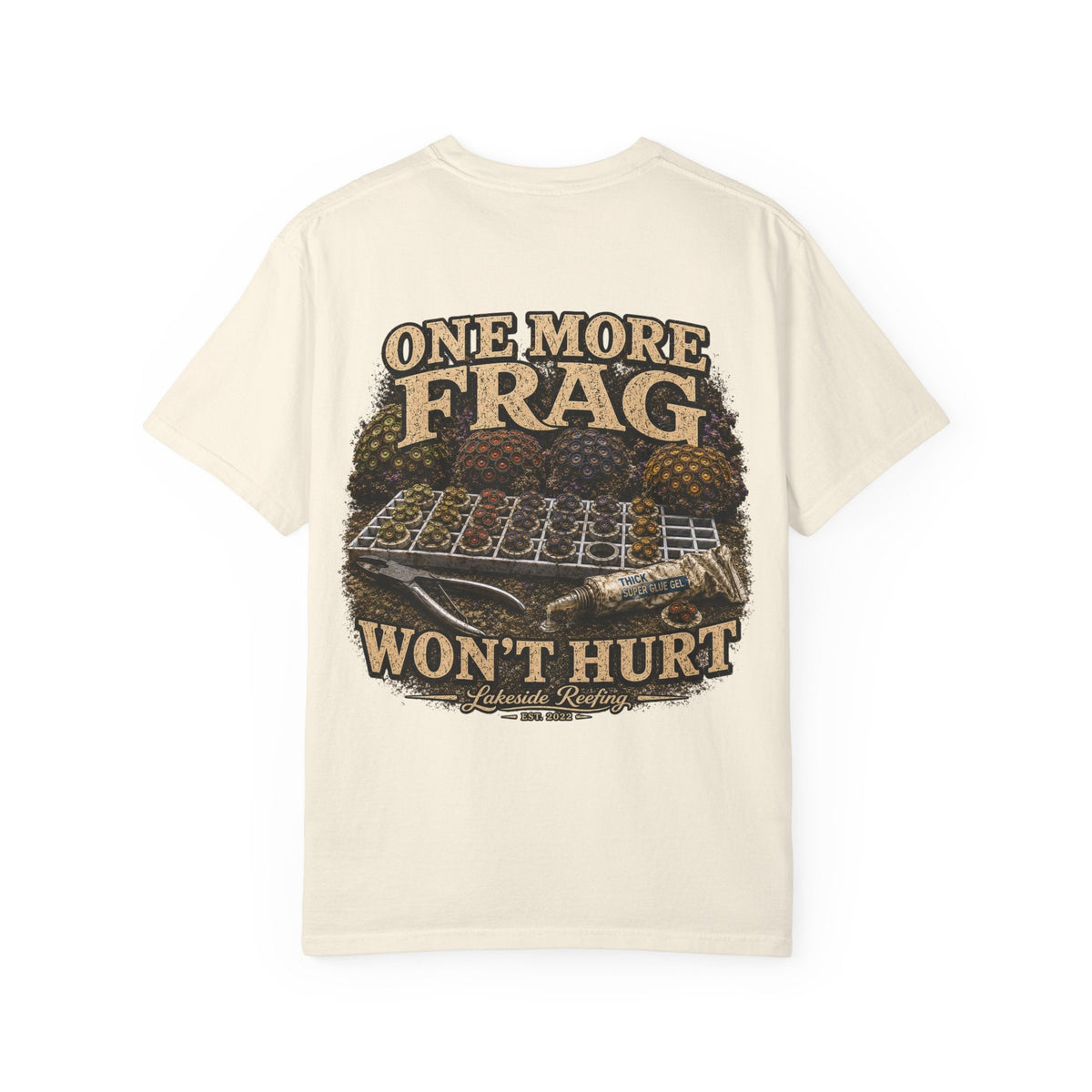 One More Frag Won't Hurt reef aquarium t-shirt with vintage coral artwork — Lakeside Reefing