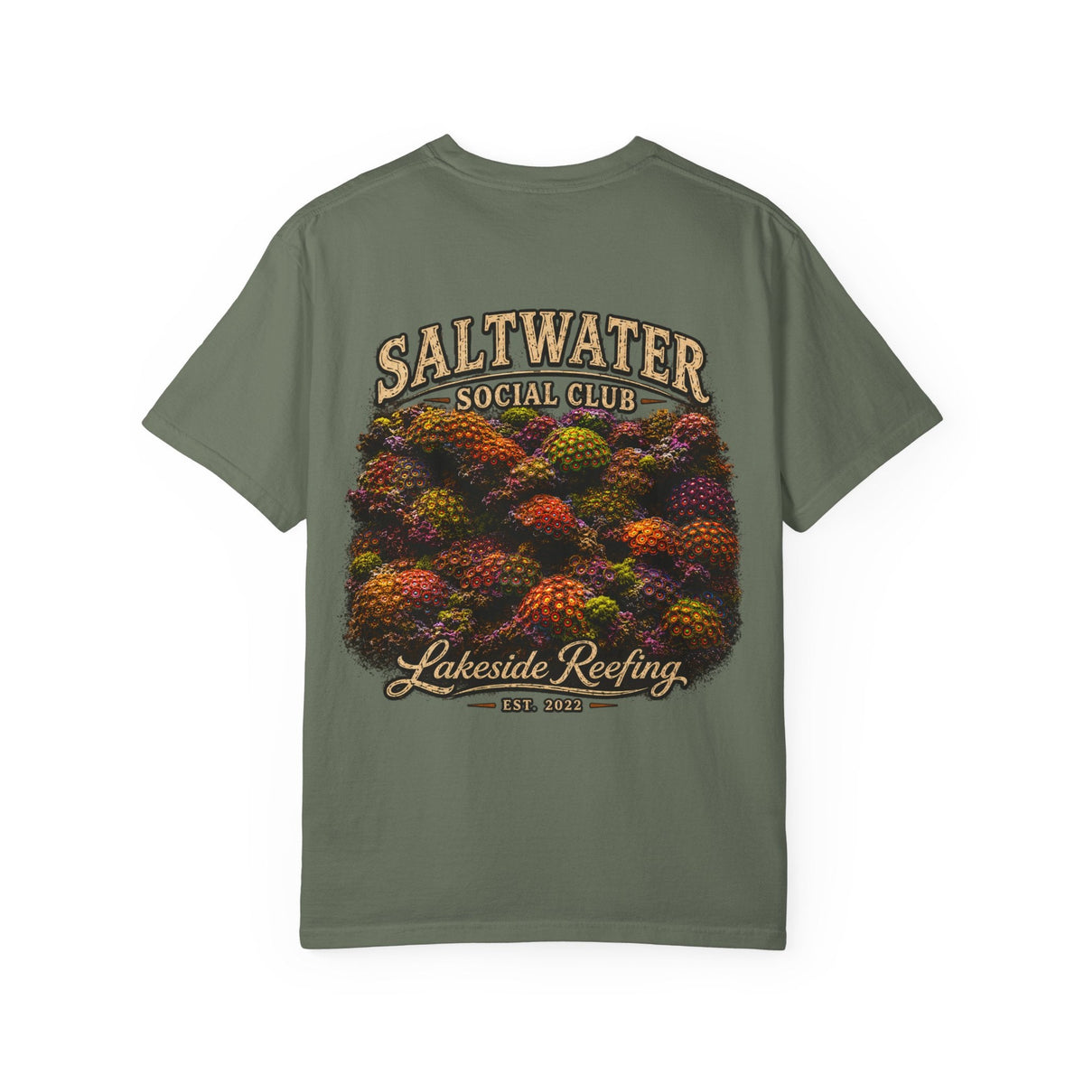 Reef Social Club reef aquarium t-shirt with vintage zoanthid garden artwork — Lakeside Reefing