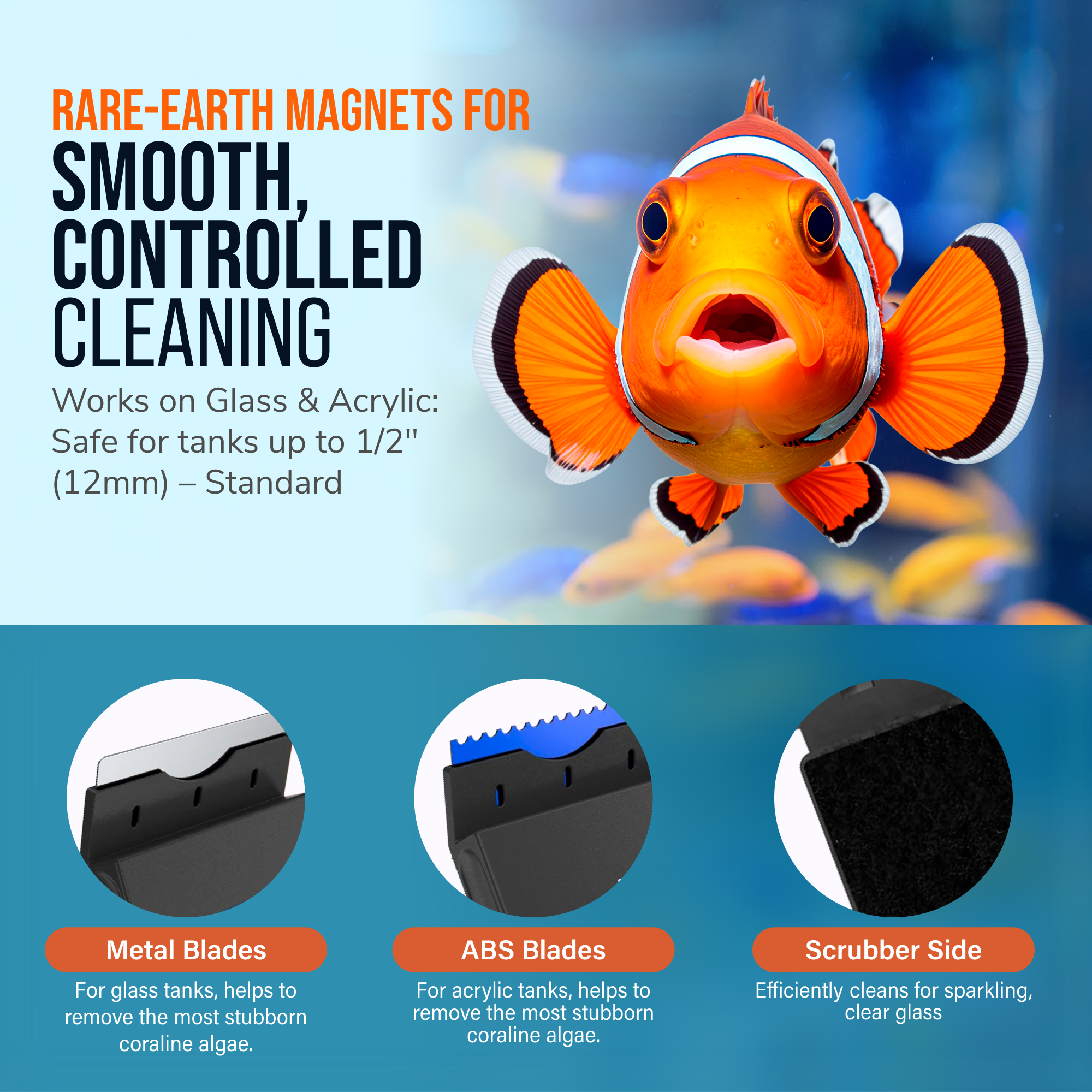 Flipper Edge Limited Edition Clownfish 2 in 1 Floating Magnetic Aquarium Algae Cleaner (STANDARD)